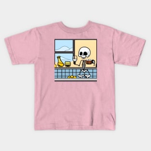 Skeleton in kitchen drinking wine and eating Kids T-Shirt